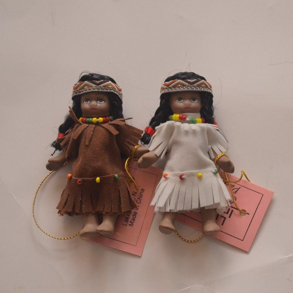 Lot of (2) Show Stoppers American Little Indian Mini Porcelain Doll Ornaments